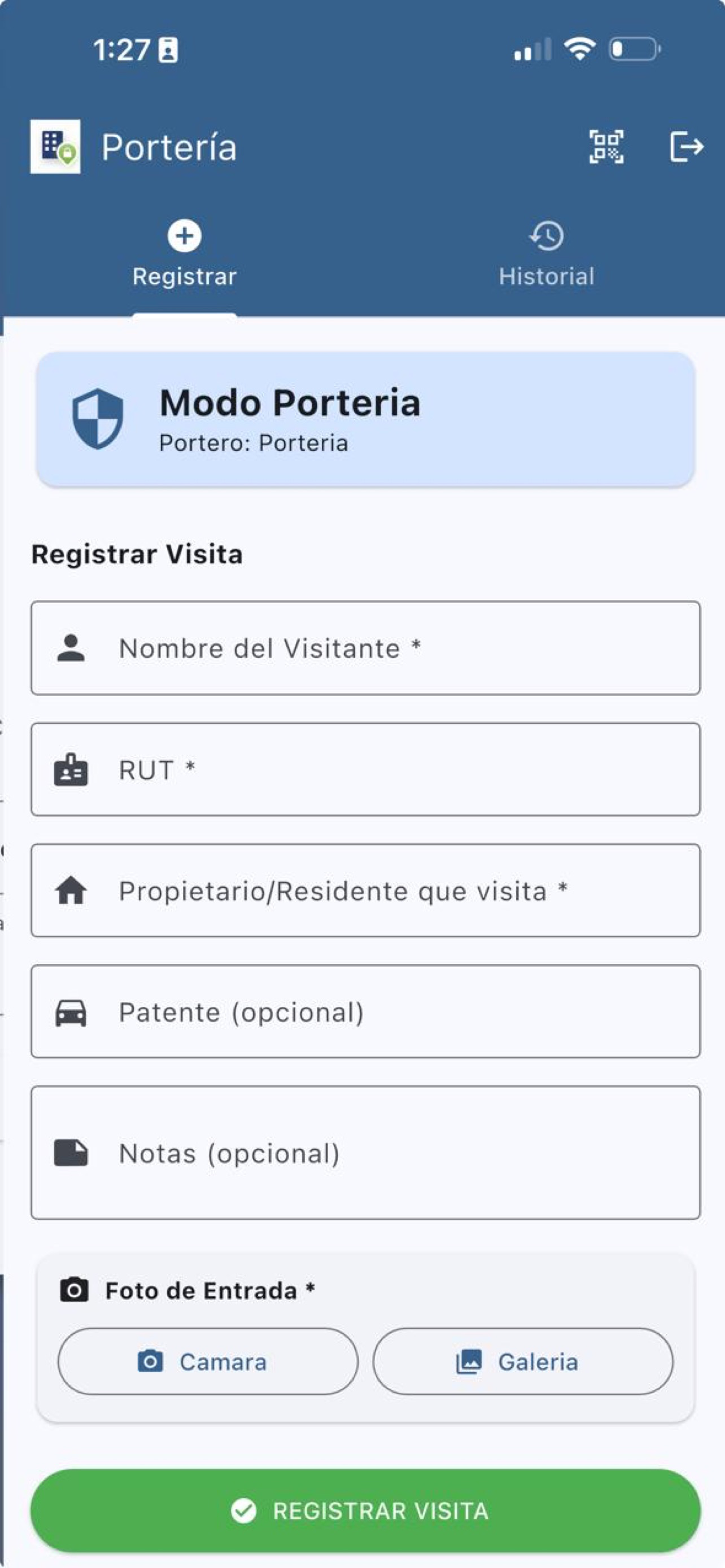 Pantalla de registro de visita